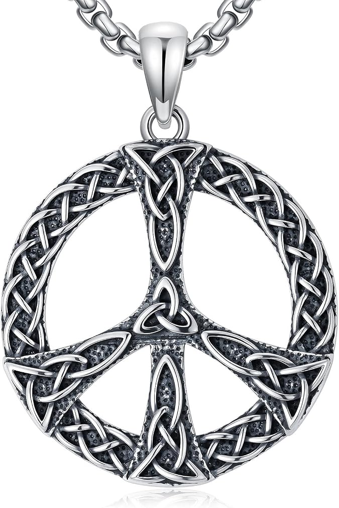 Peace Sign Necklace 925 Sterling Silver Irish Celtic Knot Peace Sign Pendant Necklaces Jewelry for Men, w/Stainless Steel Chain 22 + 2