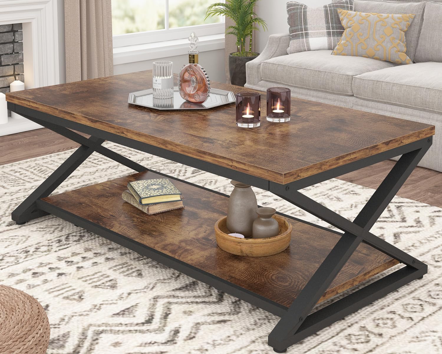 HSH Coffee Table Modern, 47 Inch Coffee Table with Storage Display Shelf, Minimalist Industrial Wooden and Metal Center Table for Living Room Office,Rustic Brown