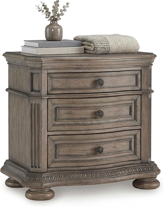 Signature Design by Ashley Ardenfield Classic 3-Drawer Nightstand with Charging Station, USB Port and Storage, Light Brown