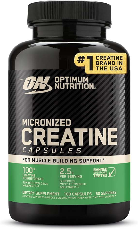 Optimum Nutrition Creatine, Micronized Creatine Monohydrate Capsules, Supports Strength & Recovery, Banned Substance Tested, 2.5g per Serving, 50 Servings, 100 Count | Micronized Creatine Monohydrate Capsules, Easy to Swallow, Keto Friendly, Supports Muscle Building, Strength & Performance
