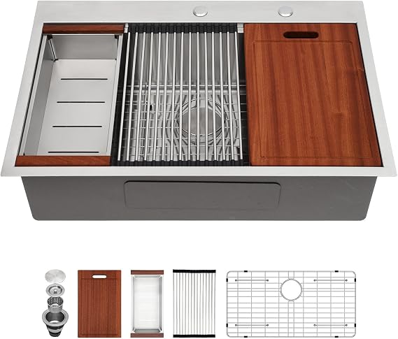 33 Drop in Kitchen Sink - Sarlai 33 Inch Ledge Workstation Drop-in Topmount 16 Gauge Stainless Steel Round Corner Single Bowl Kitchen Sink