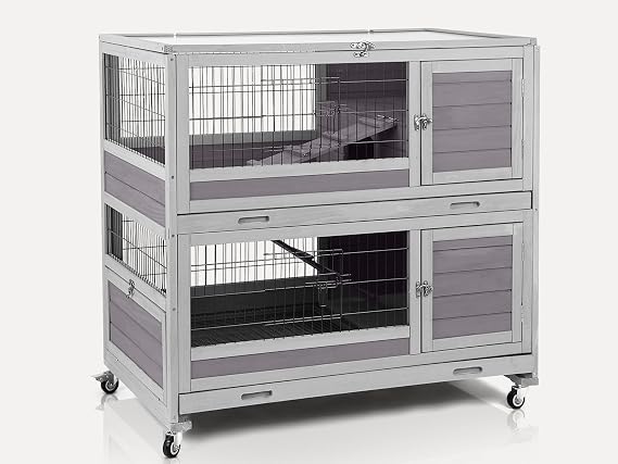 Two-Story Guinea Pig Cage with Wheels Rabbit Hutch Indoor Outdoor with 6 Access Doors, 2 Pull-Out Trays, Removable Wire Mesh and UV Proof Panel(Grey)