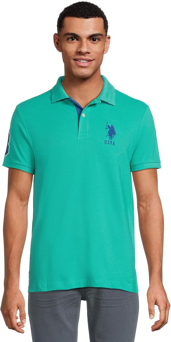 U.S. Polo Assn. Men's Short-Sleeve Polo Shirt with Applique, Casual Summer Slim Fit Polo Shirt with Contrast Color