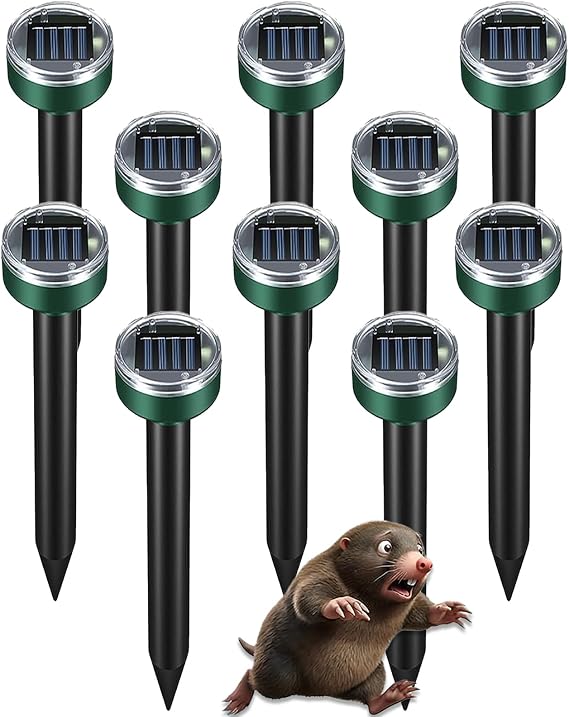Mole Repellent 10 Pack, Solar Powered Waterproof Sonic Spikes, Outdoor Long-Lasting Snake Chaser Stakes, Get Rid of Groundhog Chipmunk Vole for Lawns, Garden, Farm & Yard
