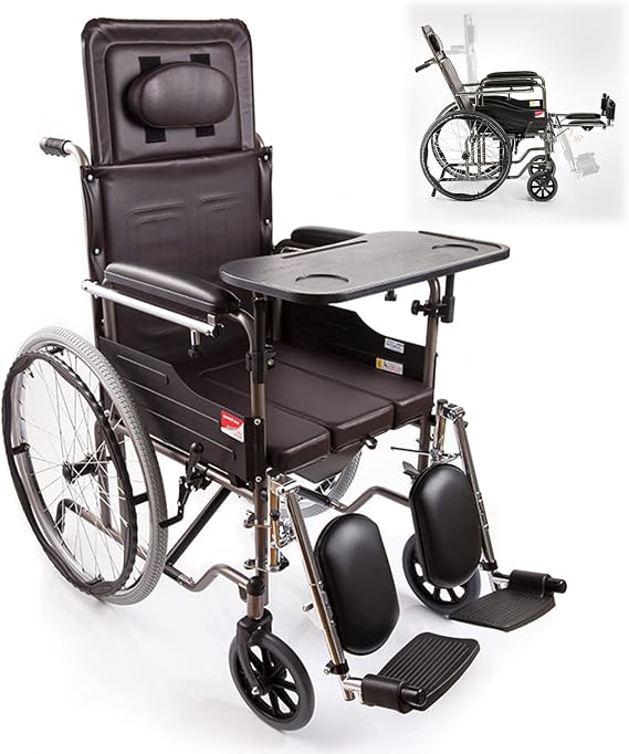 Reclining Wheelchair with Toilet, Lightweight Bedside Commode Seat with High Back, Folding Transport Shower Wheelchair adult potty chair with Elevating Leg Rest for Seniors Elder, Disabled People