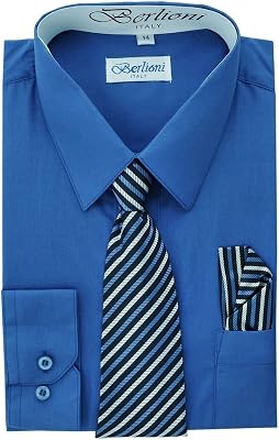 Italy Kids Boys Dress Shirt with Tie & Hanky Long Sleeves French Blue