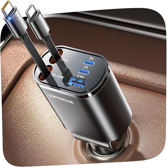 SUPERONE 5 in 1 Retractable Car Charger with Dual Type C Cables