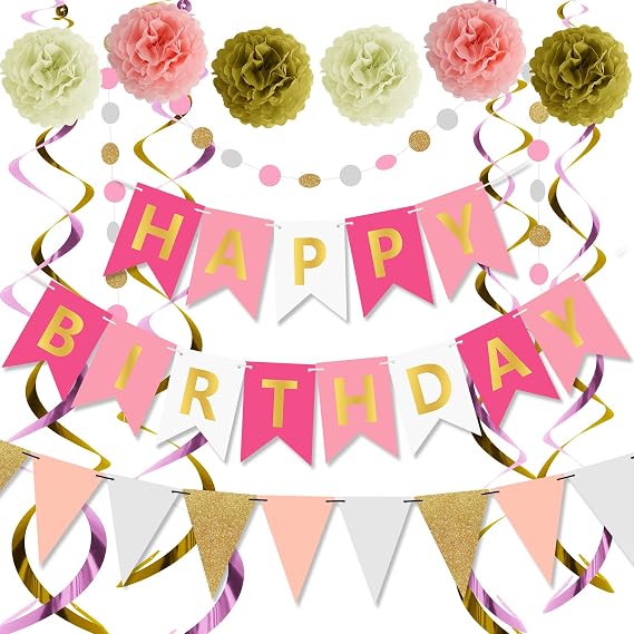 OWill Reusable Happy Birthday Decorations Set, Pink Happy Birthday Banner, Birthday Bunting, Hanging Swirls, Paper Pom Poms Honeycomb Birthday Party Decorations, Birthday Decoration for Women Girls