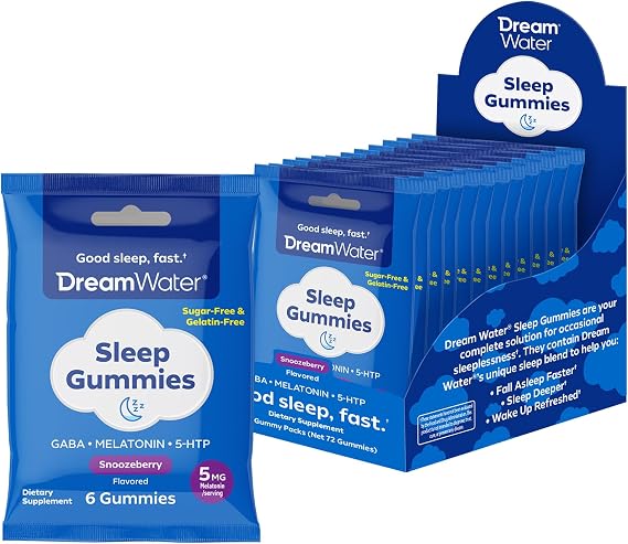 Dream Water Sleep Aid Melatonin Gummies with GABA & 5-HTP; Naturally Flavored Sleep Gummies, Snoozeberry Flavor - 6ct Pouches x 12pack