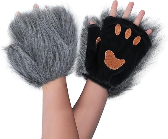 Clobeau Wolf Paw Gloves Faux Fur Fingerless Cat Paws Gloves Furry Animal Cosplay Halloween Costume Accessories