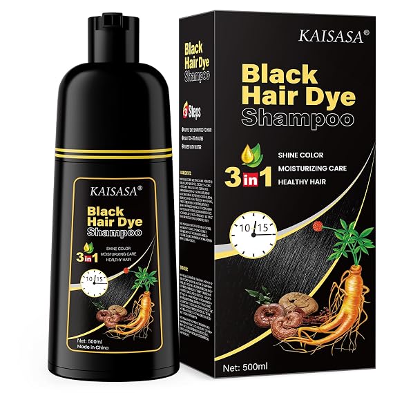 IIIMEIDU KAISASA Black Hair Dye Shampoo for Gray Hair Coverage | 3 in 1 Natural Black Dye for Women Men, 500ml