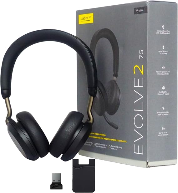 Jabra Evolve2 75 MS Wireless Headphones - Compatible with Zoom, Teams Webex, Phone Calls, 25 Hour Battery, USB-A Bluetooth Dongle for PC, Laptop, MAC, Mobile Wallet, Global Teck Gold Support Plan