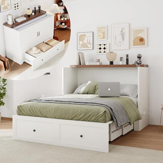 Murphy Bed Cabinet with Charging Station, Full Size Murphy Bed with Large Storage Drawer for Bedroom, Living Room, Home Office