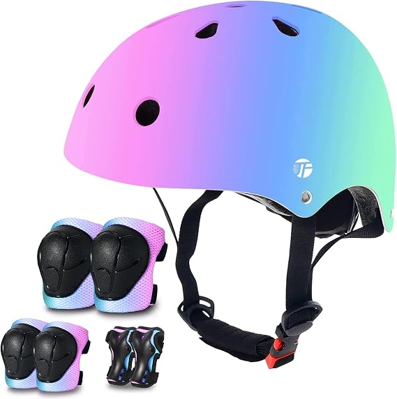 Color Gradient Adjustable Bike Helmet(S) & Skateboard Pads Kids(S) for 2-3-5-8-14+Ages