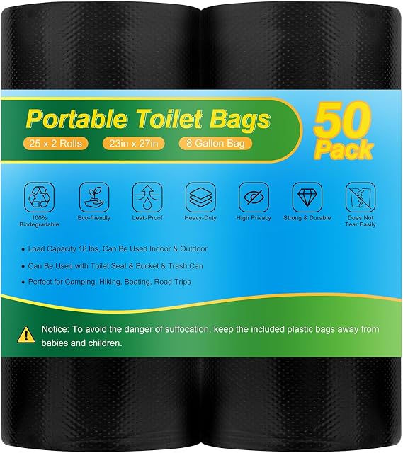 Portable Toilet Bags for Camping Potty - 50 PCS Camping Toilet Bags, Biodegradable Porta Potty Liners for Portable Toilet, Thickened Camp Toilet Waste Bags for 5 Gallon Bucket Toilet
