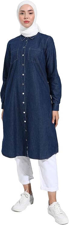 Modanisa Natural Fabric Denim Tunic Dark Blue