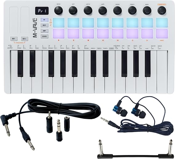 M-VAVE SMK-25 II MIDI Keyboard Controller with Backlit Drum Pads, Bluetooth Wireless Portable Rechargeable MIDI Controller, Beat Maker DAW Controller Wireless Bluetooth MIDI Keyboard (SMK-25 II White)