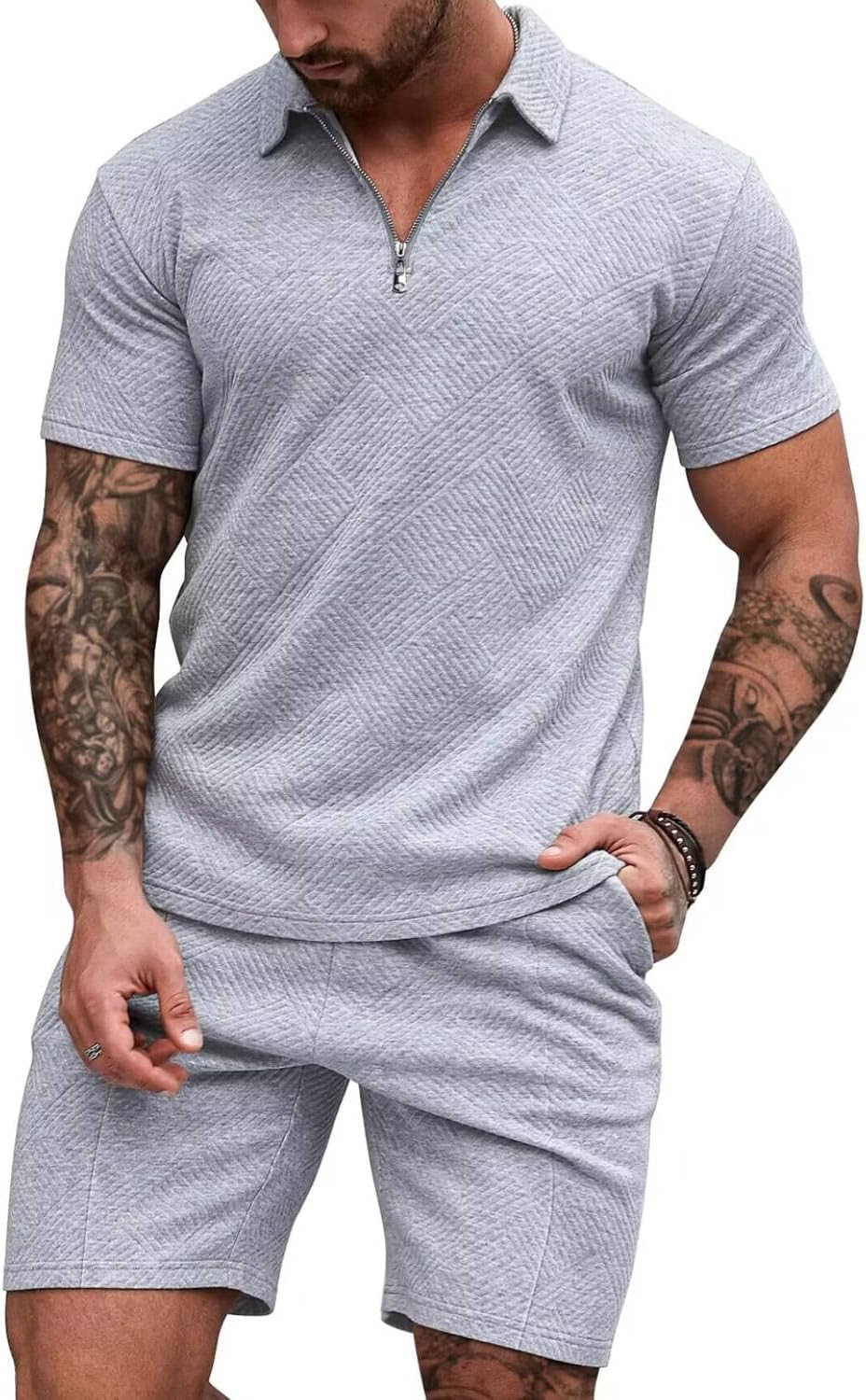 EISHOPEER Mens Polo Shirt and Shorts Set Fashion Zipper 2 Pieces Outfits