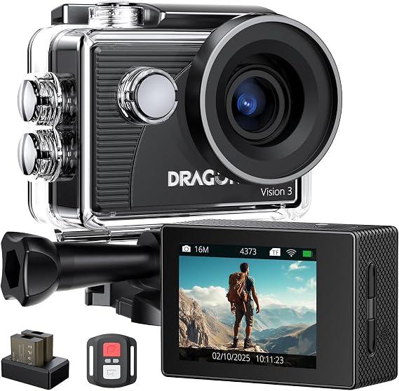 Dragon Touch Action Camera 4K 20MP 30FPS 100FT Waterproof Underwater Camera 170 Wide Angle WiFi Sports Cam with Remote 2 Batteries and Mounting Accessories Kit