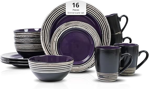 HomeVss 16 Piece Dinnerware Set, Ceramic Plates and Bowls Sets for 4, Microwave and Dishwasher Safe, Handcrafted Tree Bark Series Dish Set, Lavender/Purple