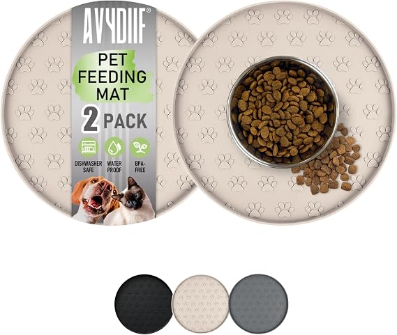2 Pack Pet Feeding Mats, Waterproof Anti-Slip Placemats for Dog Cat Bowl Silicone Pet Food Mat, Raised Edge Prevent Spills on Floor & Carpet, Dishwasher Safe (2 Beige, 10.9" L x 10.9" W)