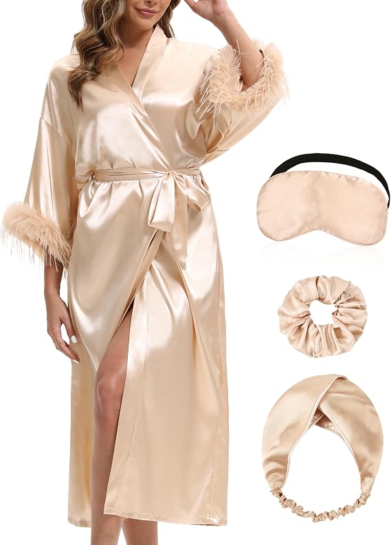 Bride Robe for Wedding Day Bridal Robes with Feather Bachelor Party | Luxury long satin kimono robe with feather trim,ideal for wedding day, bachelor party, or getting ready outfits