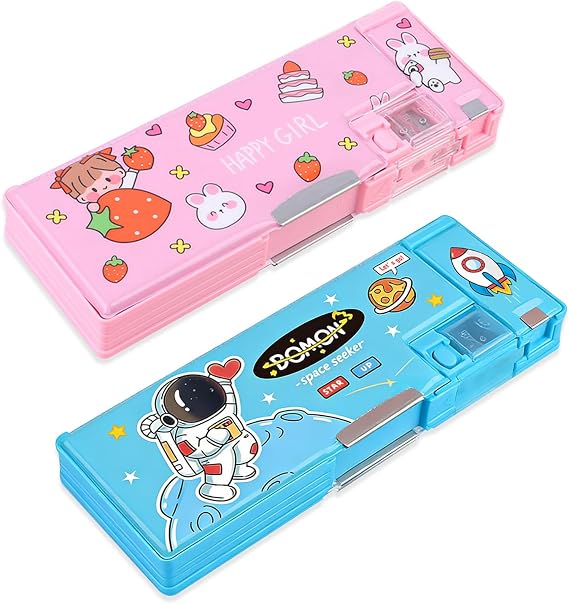 Pack of 2 Pop Up Multi-functional Pencil Case for Girls Boys Cute Cartoon Pen Box Organizer Stationery with Sharpener Schedule Perfect Birthday Gift for Kids Strawberry + Blue Space