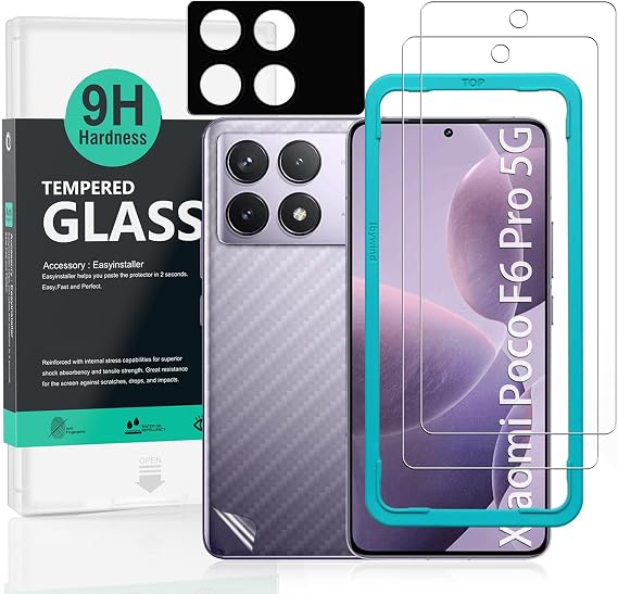 Ibywind 2 Pack Screen Protector For Xiaomi Poco F6 Pro 5G,9H Hardness Tempered Glass,With 1Pc Camera Lens Protector,1Pc Back Carbon Fiber Film,Easy to Install