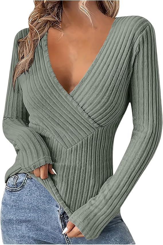 Womens Cleavage Tops Ribbed Knit Long Sleeve Shirts Sexy Deep V Neck Tees Slimming Fit Going Out Outfits Clubwear