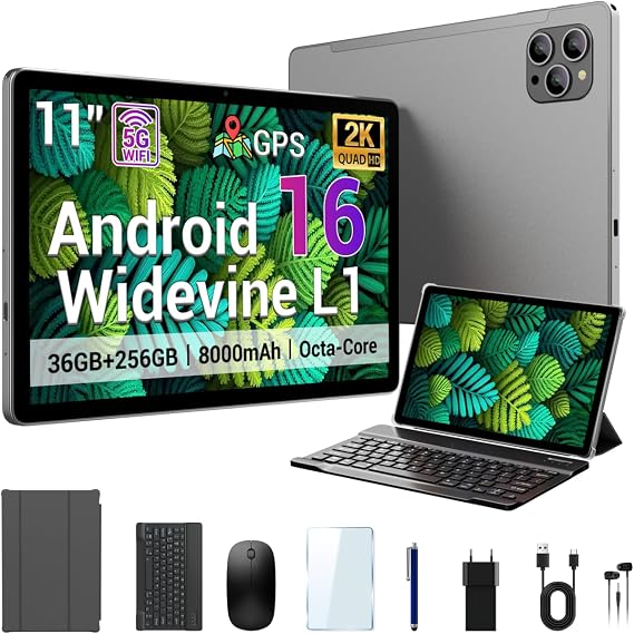 2026 11 Inch Android 16 Tablet Large Storage Tablet,256GB ROM 36GB RAM (1TB TF),2K IPS,(2000x1200) Widevine L1,T615 8-Core,8000mAh,8+13MP,5G/2.4G WiFi with Keyboard Case Stylus- Gray
