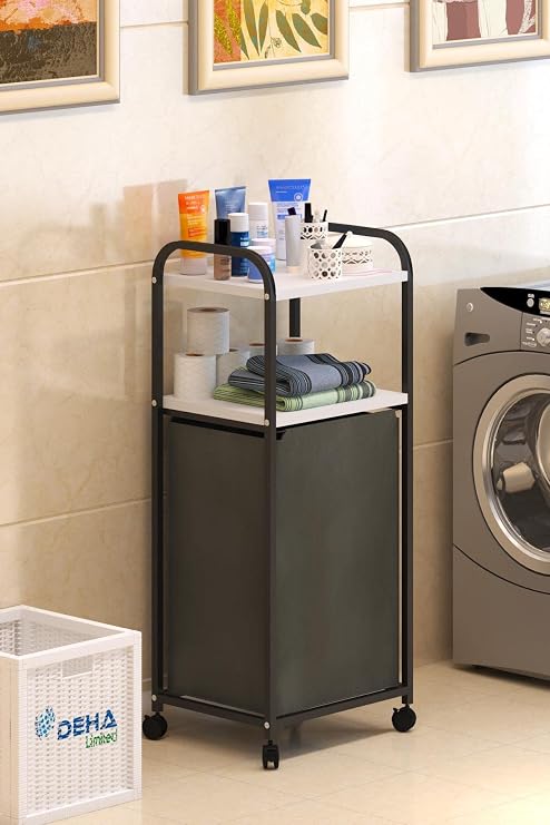 2 RAFLI FRENLİ TEKERLEKLİ ÇAMAŞIR SEPETİ BANYO DOLABI KİRLİ SEPETLİ BANYO DÜZENLEYİCİ ÇAMAŞIRLIK Beyaz, Dehalimited