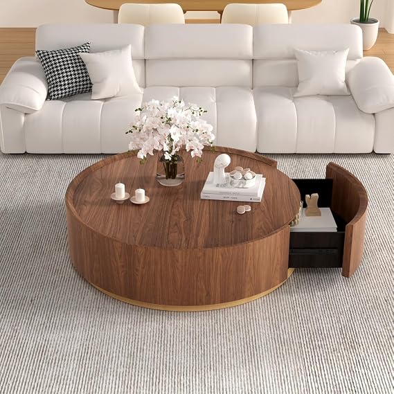 Round Coffee Table with Storage Drawer, Brown 90cm