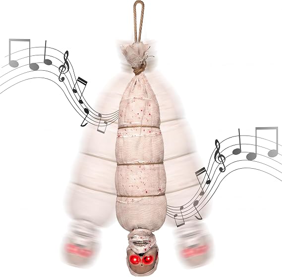 JOYIN 35" Halloween Animated Hanging Cocoon Corpse Decoration, Dead Body Prop with LED Light Up Eyes & Sound Effect, Spooky Corpse Skeleton for Yard, Indoor Haunted House Scary Decor Outdoor Horror
