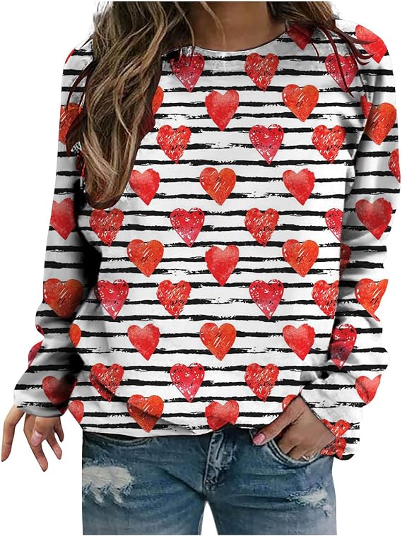 Ceboyel Womens Romantic Valentine's Day Shirt Graphic Long Sleeve Sweatshirt Crewneck Pullover Tops 2023 Tees Tunic Blouse
