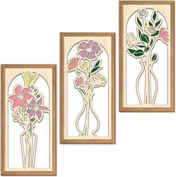 ANHUIB 3Pcs Hollow Boho Flower Wooden Wall Art Minimalism Flower in Vase Hanging Wood Wall Decor Abstract Botanical Floral Wood Wall Hangings Farmhouse Bohemian Wall Sign for Living Room Bedroom 8x16