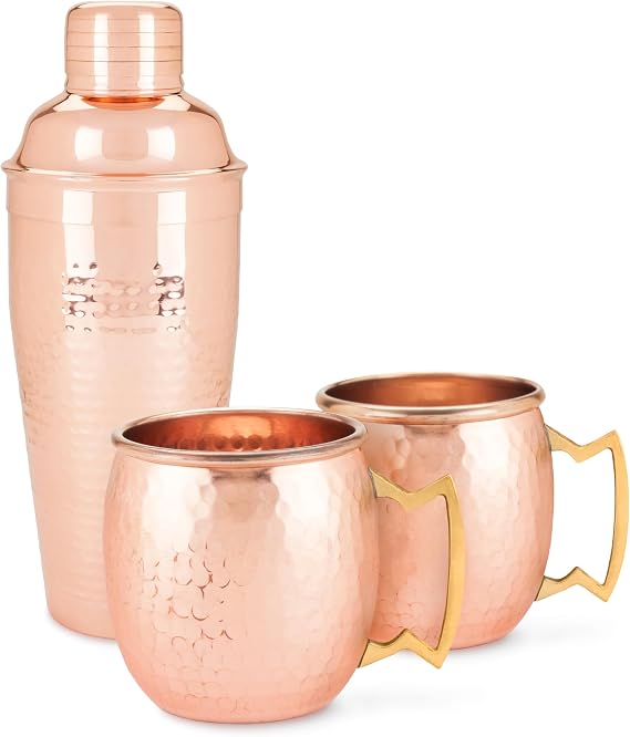 Twine Hammered Moscow Mule Mug Cocktail Set with Shaker for Mixed Drinks, Stainless Steel Kitchen Set, Barware, Set of 2, Copper