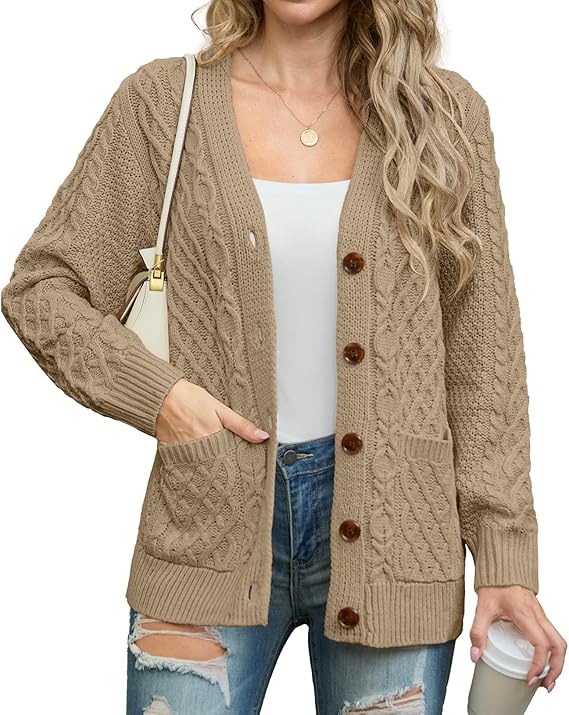 GRECERELLE Women's Cable Chunky Knit Cardigan Sweater with Pockets