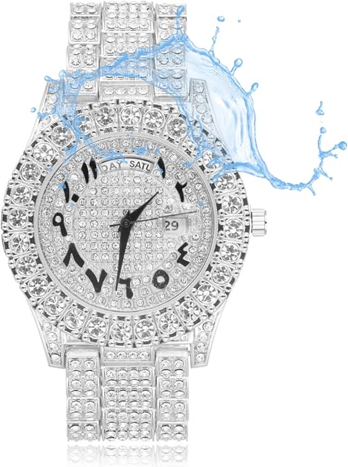 Halukakah Moissanite Gold Watch - The ROYALE - Diamonds Iced Out Men's Roman Numerals 18k Real Gold/Platinum White Gold Plated Quartz Wristband 9.5",Basic Waterproof,with Cuban Link Necklace Bracelet Set Options,Free Giftbox