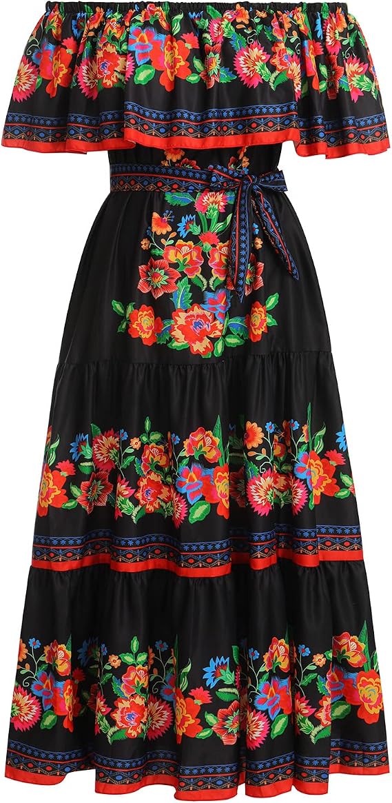 IMEKIS Mexican Dress for Women A-Line Off Shoulder Floral Print Long Maxi Summer Dresses for Boho Beach Holiday Fancy Day of the Dead Halloween Carnival