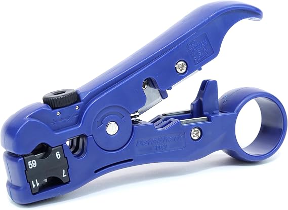 TEMPO DataShark 70029 Universal Cutter-Stripper for Flat or Round TV/UTP Cable | Cat5 Cat5e Cat6 | RG6 Quad RG59 RG7 RG11 (2023 Model), Blue