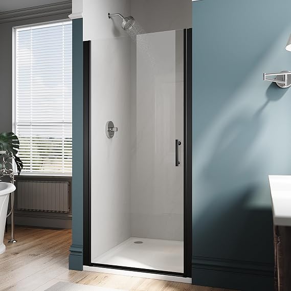 ELEGANT Pivot Shower Door 27.5-29"W x 72"H, Black Semi-Frameless Glass Door