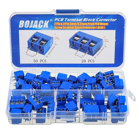 BOJACK Blue 5MM 2-Pin & 3-Pin Pitch PCB Mount Screw Terminal Block Connector for Arduino and Home Electronics Projects (Pack of 70)