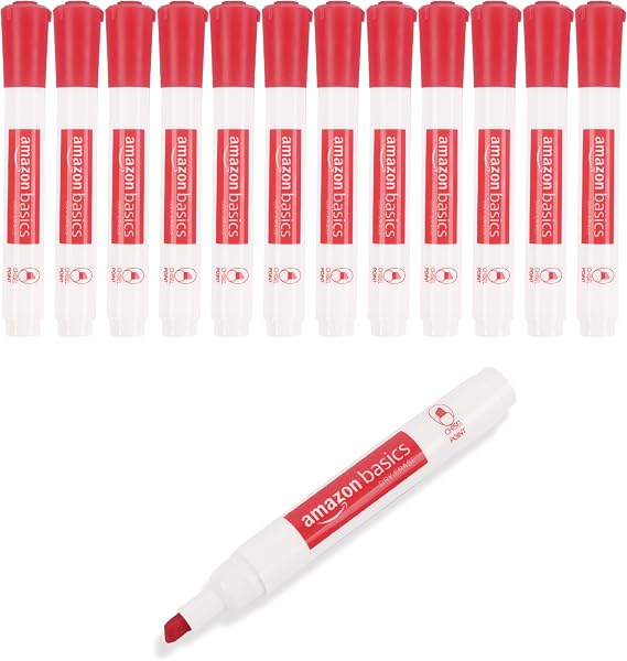 Amazon Basics Dry Erase Whiteboard Markers, Chisel Tip, Low-Odor, Red, 12-Pack, For Writing on Whiteboards