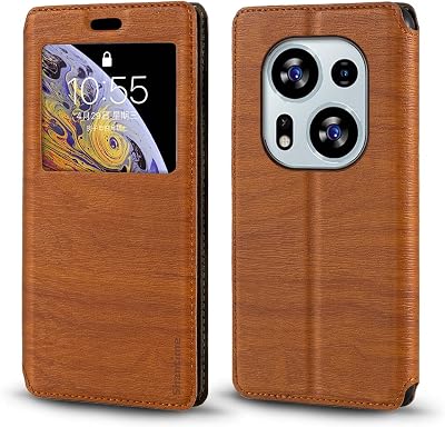 Viewable Window Leather Flip Case Compatible with Tecno Phantom X2 Pro, Elegant Design Clear Display Invisible Magnetic Cover and Card SlotBrown