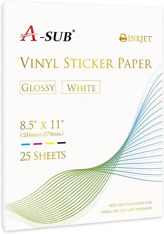 A-SUB Vinyl Sticker Paper for Inkjet Printer, Glossy Waterproof, 25 Sheets