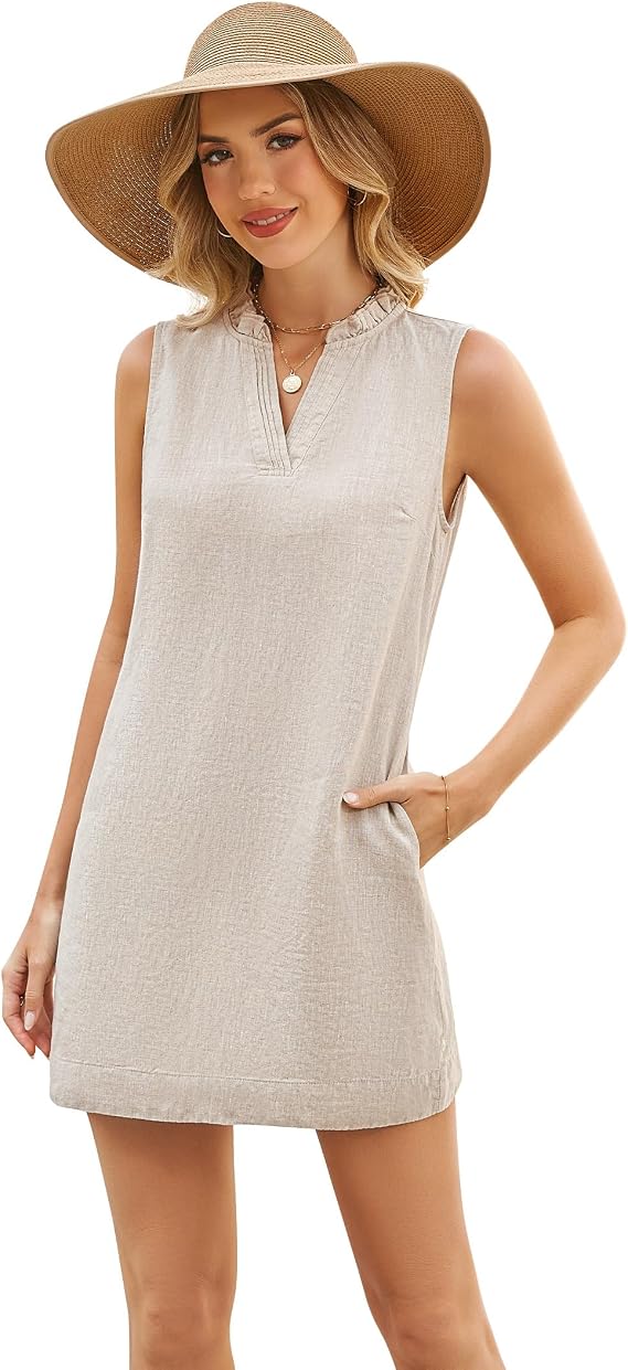 100% Linen Dress V Neck Tank Dress with Ruffle Collar & Pockets