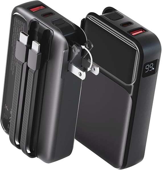 Portable Charger with Wall Plug, 20000mAh Power Bank 22.5W Fast Charging, Built-in Lightning & Type-C Cables for iPhone Samsung Android, 4-in-1 Travel Charger