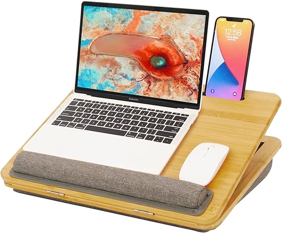 Adjustable Bamboo Lap desk Laptop Tray with Cushion - 5 Tilting Angles Ergonomic Bed Tray desk for 15 inches Tablet Phone Holder for Home Office Sofa, Bed Couch and car cushioned laptop table