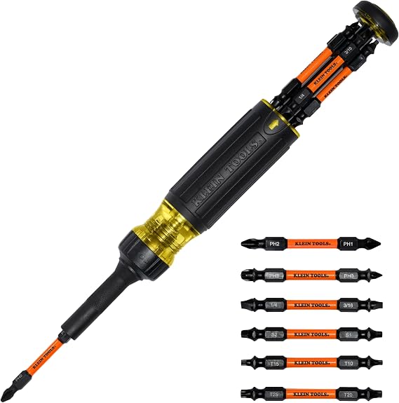 Klein Tools 32313HD 13-in-1 Multi-bit Ratcheting Screwdriver, Double-Ended Impact Bit Set, 12 Impact Driver Bits and 1/4-Inch Nut Driver