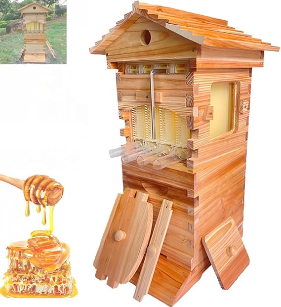 Bee Hive Starter Kit, Automatic Beehive Box Set for Easy Beekeeping, Complete Bee Hive Boxes for Beginners, Self-Flowing Wooden Bee Box, with Observation Window and Honey Spout